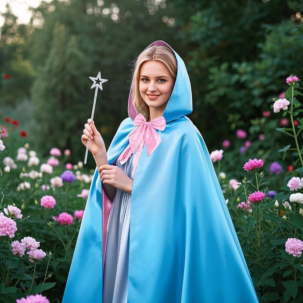 Fairy Godmother Costume Set Fairy Accessories Blue Hooded Cape Bow Tie Star Wand - Picture 5 of 6